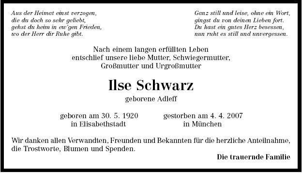 Adleff Ilse Maria 1920-2007 Todesanzeige